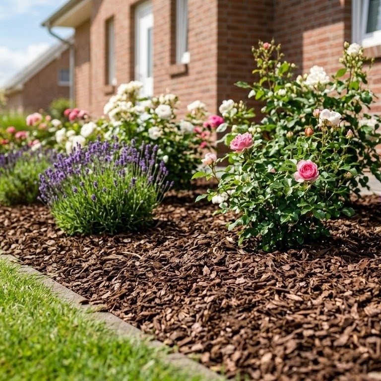Reil-Service - Beetpflege Blühender Garten mit rosafarbenen und weißen Rosen sowie Lavendel, umgeben von Rindenmulch.