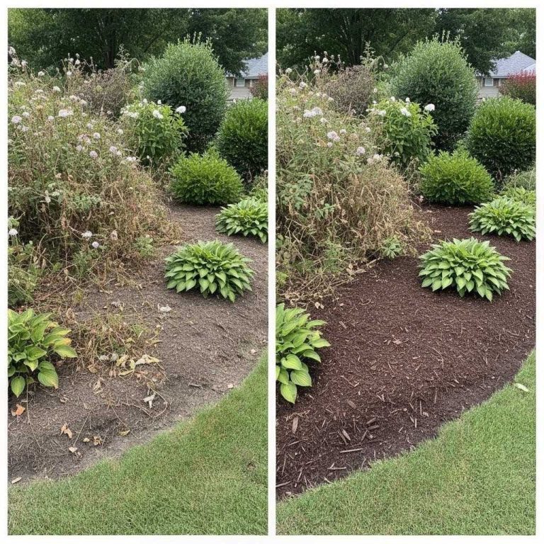 Gartenbeet Vorher - Nachher Beetpflege Vorher - Nachher Vergleich mit frischem Rindenmulch Region Neustadt am rübenberge