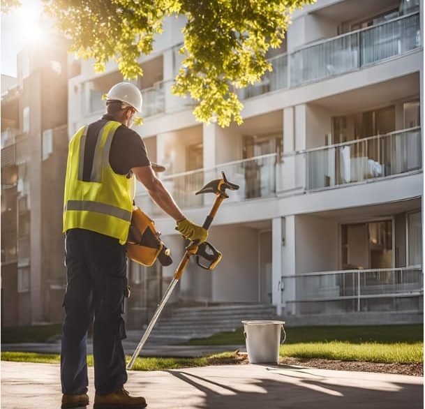Bauarbeiter mit Sicherheitsweste und Helm nutzt ein Gerät auf einer Baustelle.