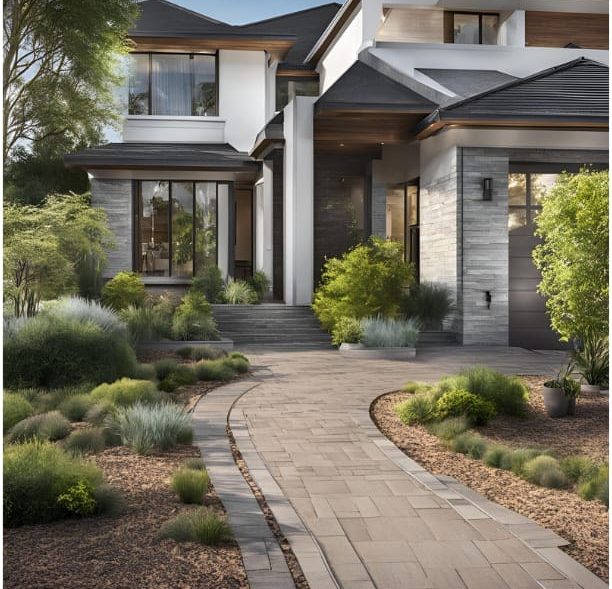 Moderner Eingangsbereich mit gepflastertem Weg und vielfältiger Gartenlandschaft.