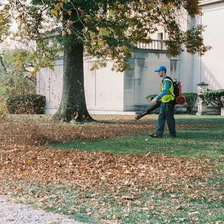 Ein Arbeiter bläst Laub mit einem Laubbläser auf einem Gartenrasen.