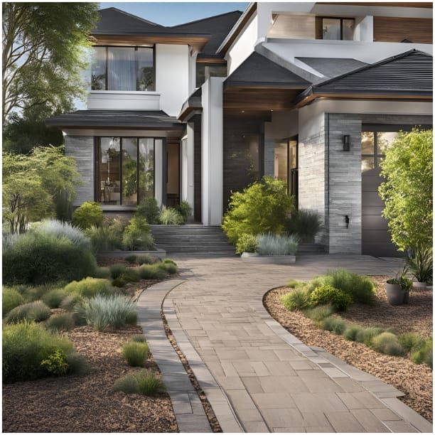 Moderne Hausfassade mit gepflegtem Garten und gepflastertem Weg.