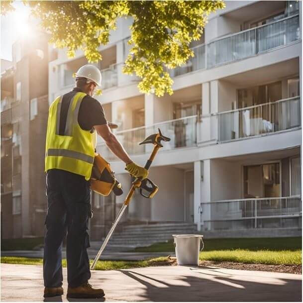 Ein Bauarbeiter mit einer Maschine steht vor einem Wohngebäude im Sonnenlicht.