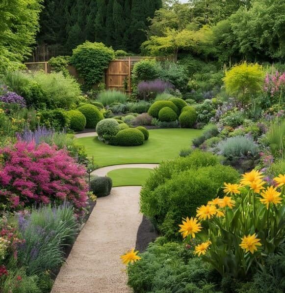 Friedlicher Garten mit bunten Blumen, gepflegten Sträuchern und einem geschwungenen Weg.