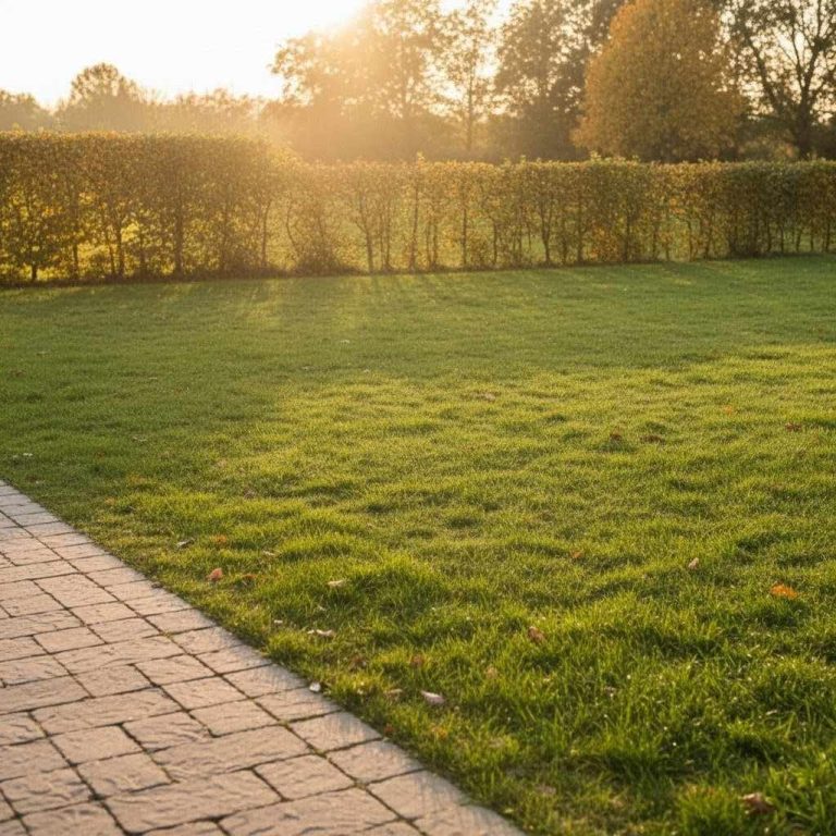 Rasenpflege Reil-Service Gepflegter grüner Rasen mit sauberer Steinkante und Hecke.