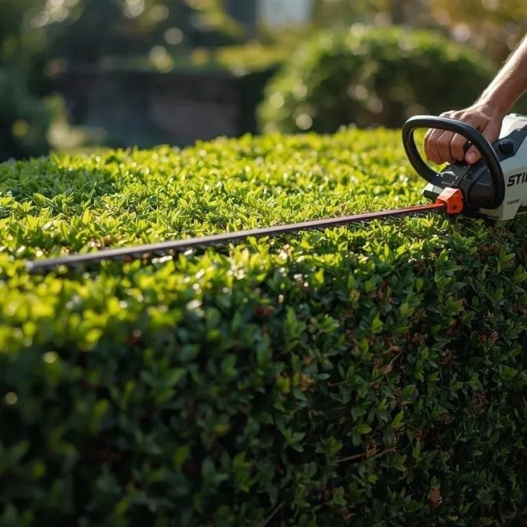 Eine Hand hält einen elektrischen Heckenschneider, der über eine grüne Hecke schneidet.